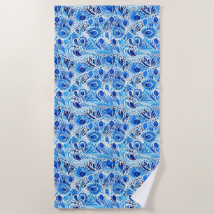 Blue White Peacock Feathers Beach Towel