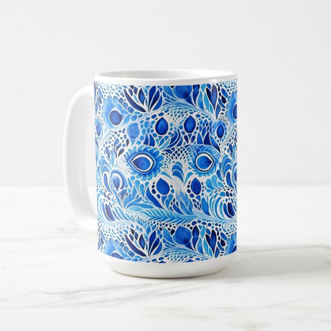 Blue White Peacock Feathers Coffee Mug (Front Left)
