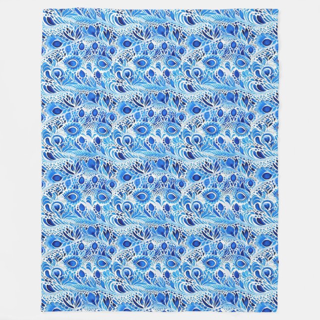 Blue White Peacock Feathers  Fleece Blanket (Front)