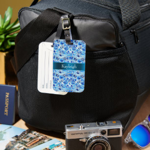 Blue White Peacock Feathers Luggage Tag