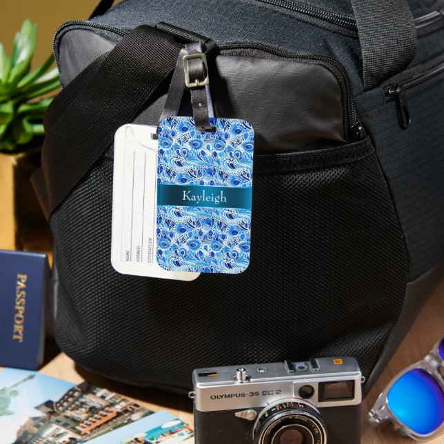 Blue White Peacock Feathers   Luggage Tag (Front & Back)