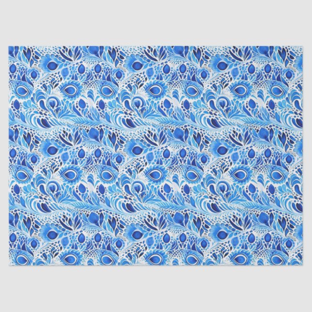 Blue White Peacock Feathers Tissue Paper (Front)