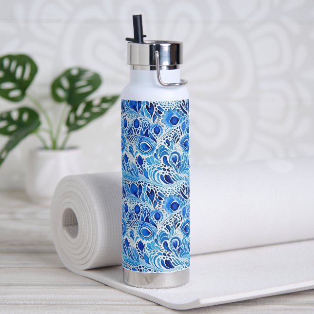 Blue White Peacock Feathers Water Bottle (Yoga)