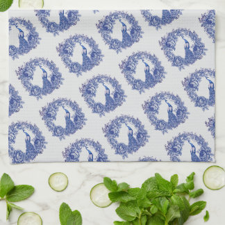 Blue White Peacock Rose Tea Towel