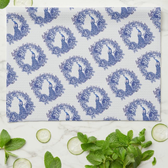 Blue White Peacock Rose  Tea Towel (Folded)