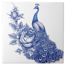 Blue White Peacock Rose Tile