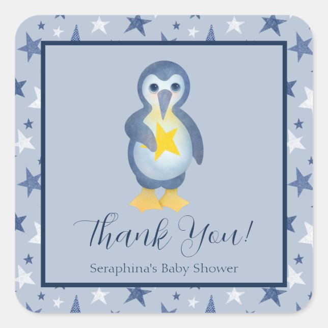 Blue White Penguin Stars Baby Shower Thank You Square Sticker (Front)
