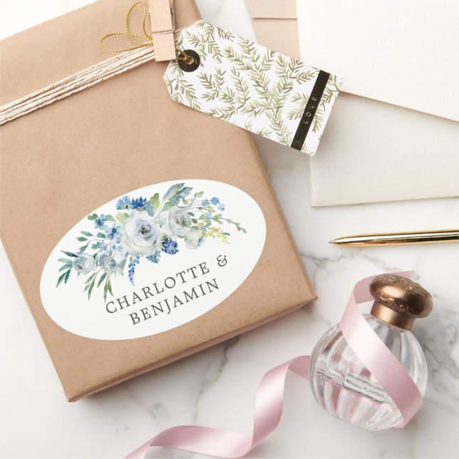 Blue White Peony Floral Custom Garden Wedding Oval Sticker (Gifting)