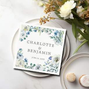 Blue White Peony Floral Custom Spring Wedding Napkin