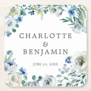 Blue White Peony Floral Custom Spring Wedding Square Paper Coaster