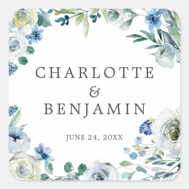 Blue White Peony Floral Custom Spring Wedding Square Sticker (Front)