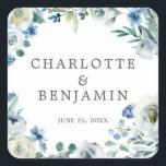 Blue White Peony Floral Custom Spring Wedding Square Sticker<br><div class="desc">Cheerful white peony flowers and green watercolor leaves form a beautiful border on this pretty blue floral spring wedding sticker. A chic,  beautiful garden wedding accessory.</div>