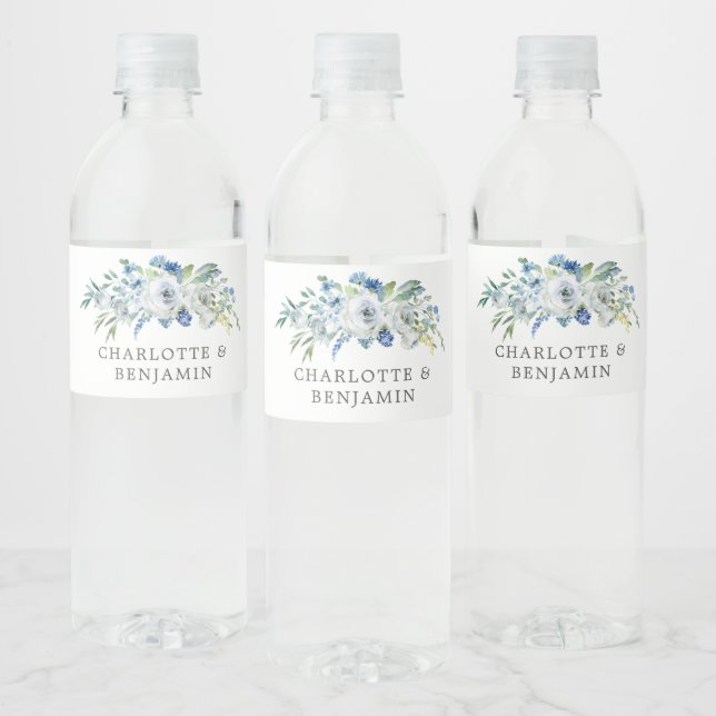 Blue White Peony Floral Custom Spring Wedding Water Bottle Label (Bottles)