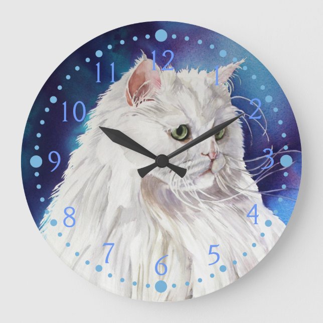 Blue White Persian Cat Portrait Cat Art Wall Clock (Front)