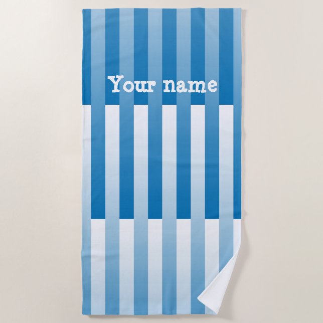 Blue White Personalise Striped Pattern Beach Towel (Front)