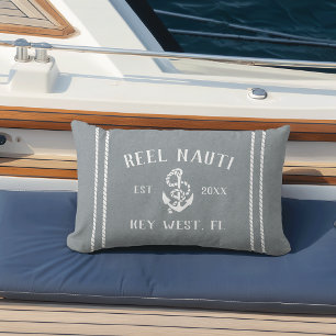 Blue & White Personalised Boat Name Anchor Lumbar Cushion