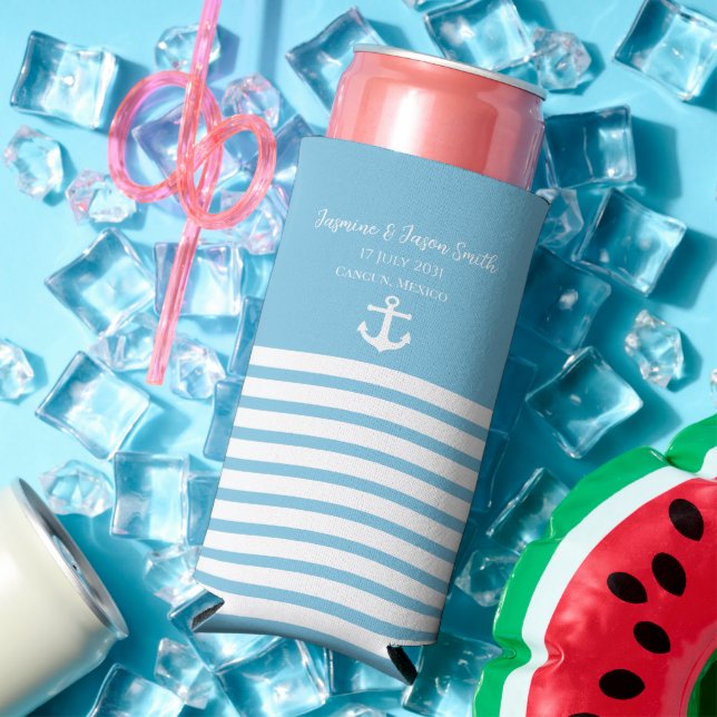 Blue White Personalised Destination Wedding Favour Seltzer Can Cooler (In Situ Summer)