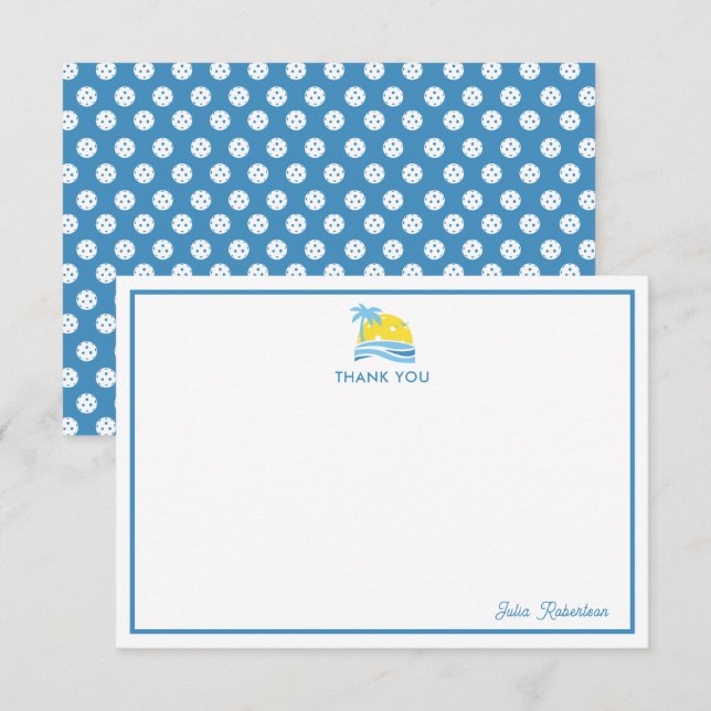 Blue White Personalised Monogram Pickleball Sun Thank You Card (Front/Back)