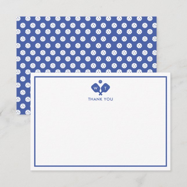 Blue White Personalised Monogram Pickleball  Thank You Card (Front/Back)