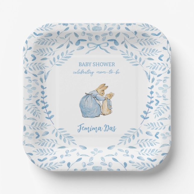 Blue White Peter the Rabbit Beatrix Baby Shower Paper Plate (Front)