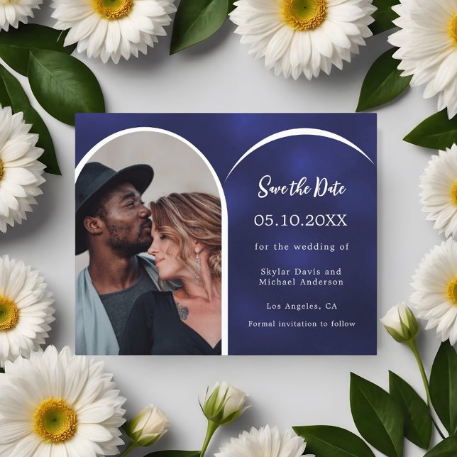 Blue white photo arch wedding Save the Date card (Creator Uploaded)