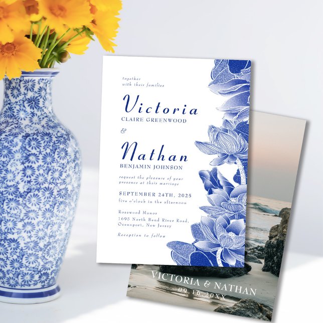 Blue & White Photo Floral Chinoiserie Wedding  Invitation (Creator Uploaded)