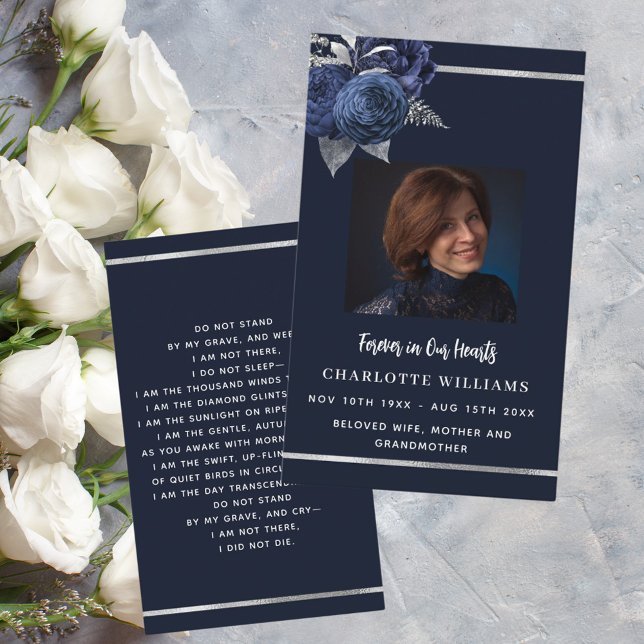 Blue white photo floral funeral prayer card (Creator Uploaded)
