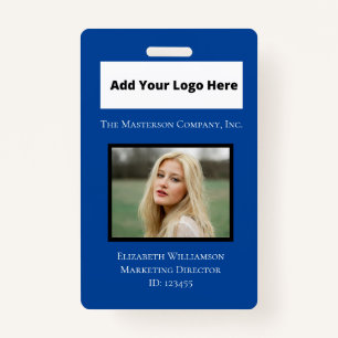 Blue White Photo Logo Barcode Employee ID Badge