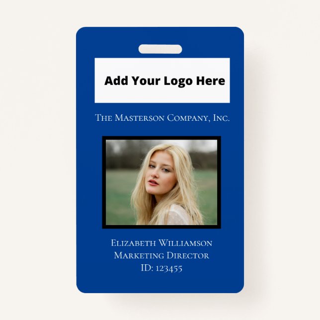 Blue White Photo Logo Barcode Employee  ID Badge (Front)