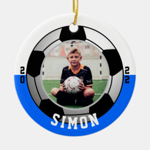 Blue White Photo Soccer One Sided Ceramic Tree Decoration