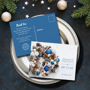 Blue White Pine Wreath Business Holiday Postcard