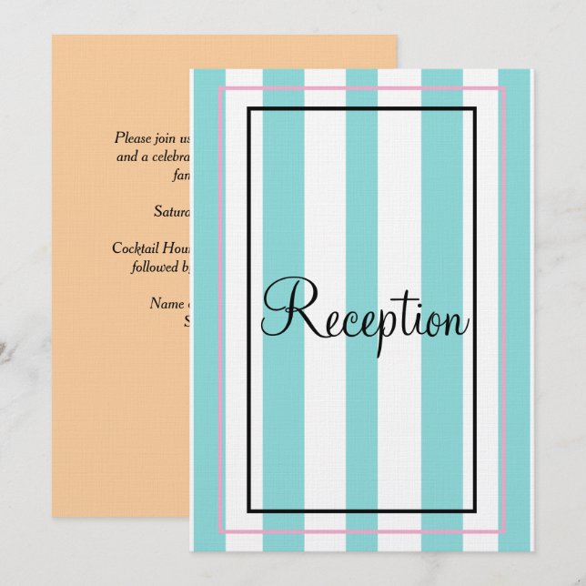 Blue White Pink Beige Monogram Stripes Reception Invitation (Front/Back)