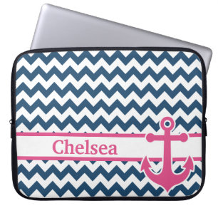 Blue White Pink Chevron Anchor Name Laptop Sleeve
