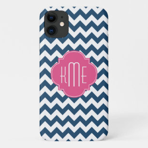 Blue White Pink Chevron Quatrefoil Monogram iPhone 11 Case
