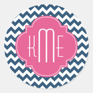 Blue White Pink Chevron Quatrefoil Monogram Classic Round Sticker