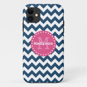 Blue White Pink Chevron Zigzag Monogram iPhone 11 Case