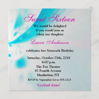 Blue-White-Pink Modern Floral Abstract Sweet 16th Invitation