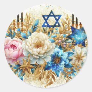 Blue white pink peonies glitter sparkle watercolor classic round sticker