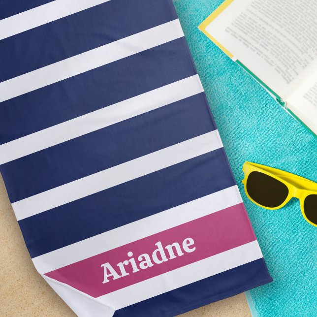 Blue White Pink Striped Monogram Beach Towel (Creator Uploaded)