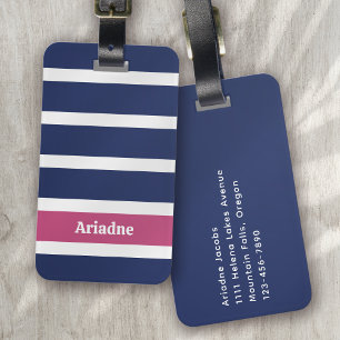 Blue White Pink Striped Monogram Luggage Tag