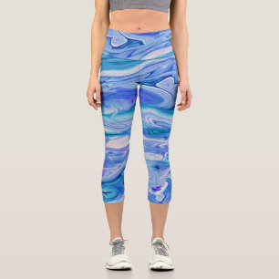 Blue White Pink Teal Lilac Marble Agate Abstract Capri Leggings