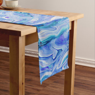 Blue White Pink Teal Lilac Marble Agate Abstract Short Table Runner
