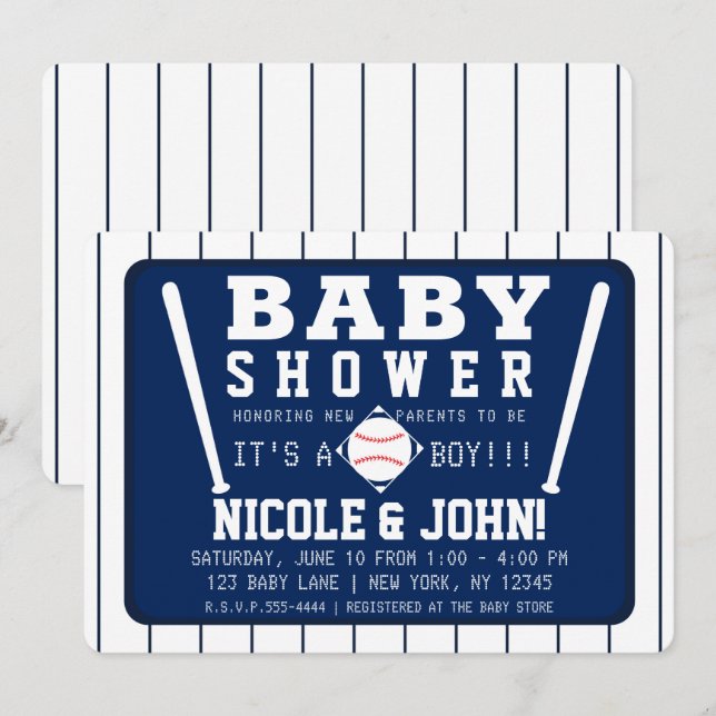 Blue & White Pinstripes Baseball Baby Shower Invitation (Front/Back)