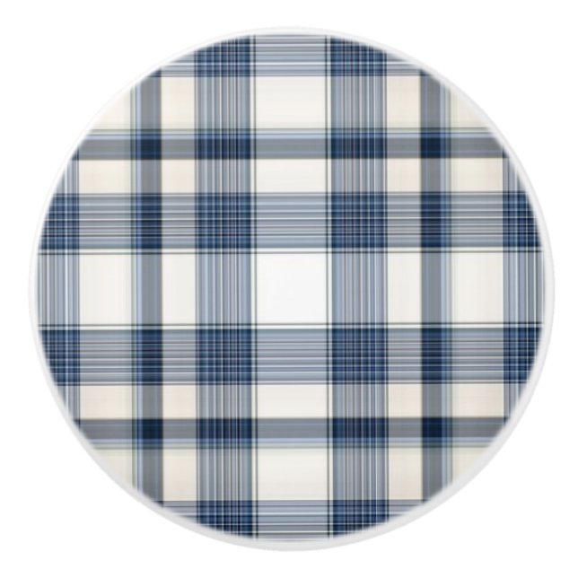 Blue White Plaid 1 Ceramic Knob (Front)