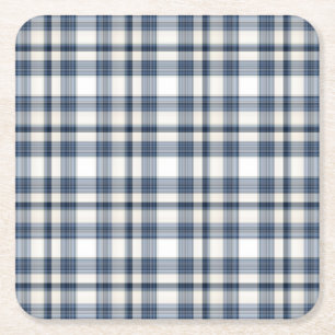 Blue White Plaid 1 Square Paper Coaster