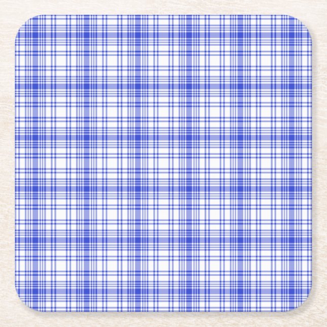 Blue White Plaid 2 Square Paper Coaster (Front)