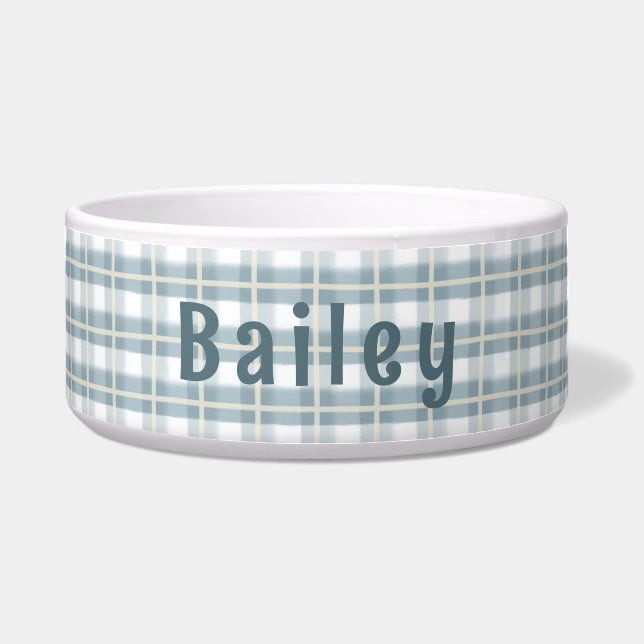 Blue & White Plaid Customisable Ceramic Dog Bowl (Front)