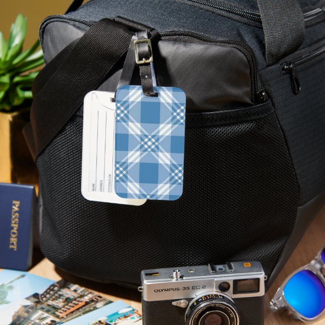 Blue White Plaid Luggage Tag (Front & Back)