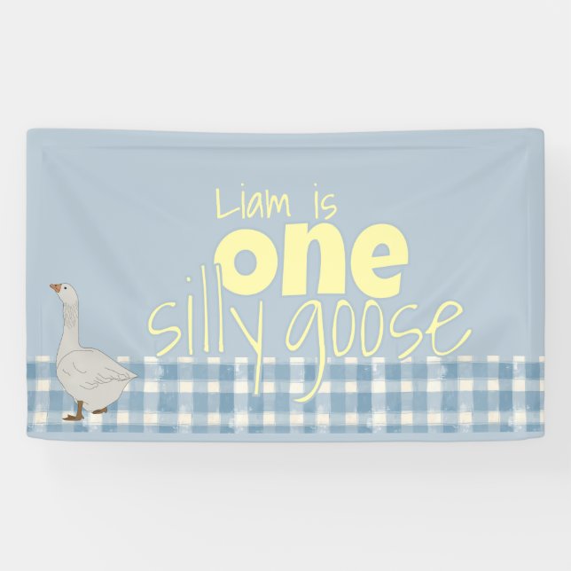 Blue & White Plaid One Silly Goose  Banner (Horizontal)