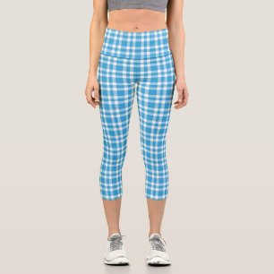Blue White Plaid Pattern Capri Leggings